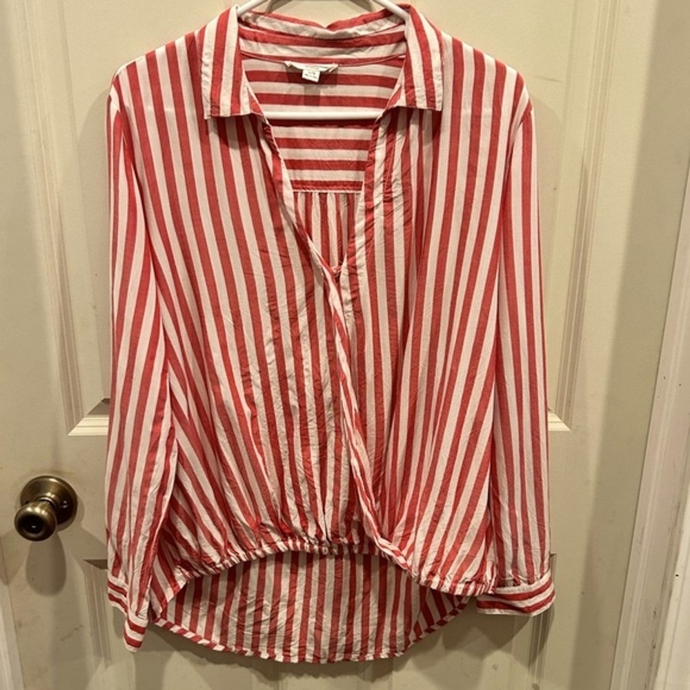 Beachlunchlounge Red White Striped Surplice‎ Wrap Top High Low Hem Large Beach